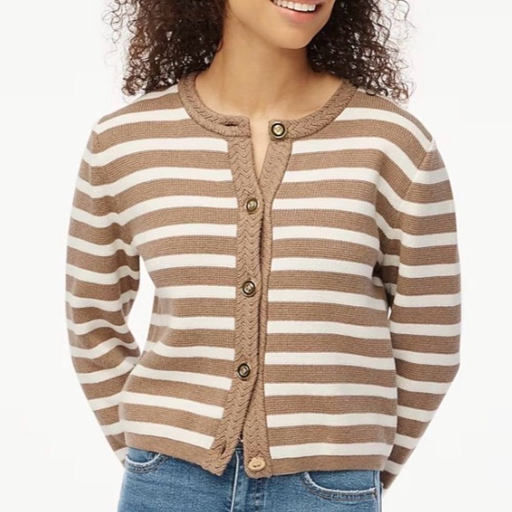 J.Crew Striped cotton lady jacket cardigan sweater Heather mushroom ivory stripe